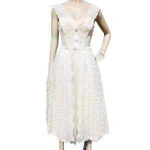 Vintage 1950s Lorrie Deb Ivory Lace Tea Length Wedding Dress Size XS/S